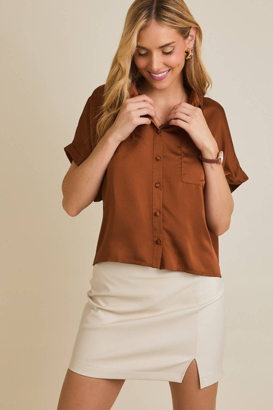 Tallulah Satin Boxy Button Down Blouse: Camel