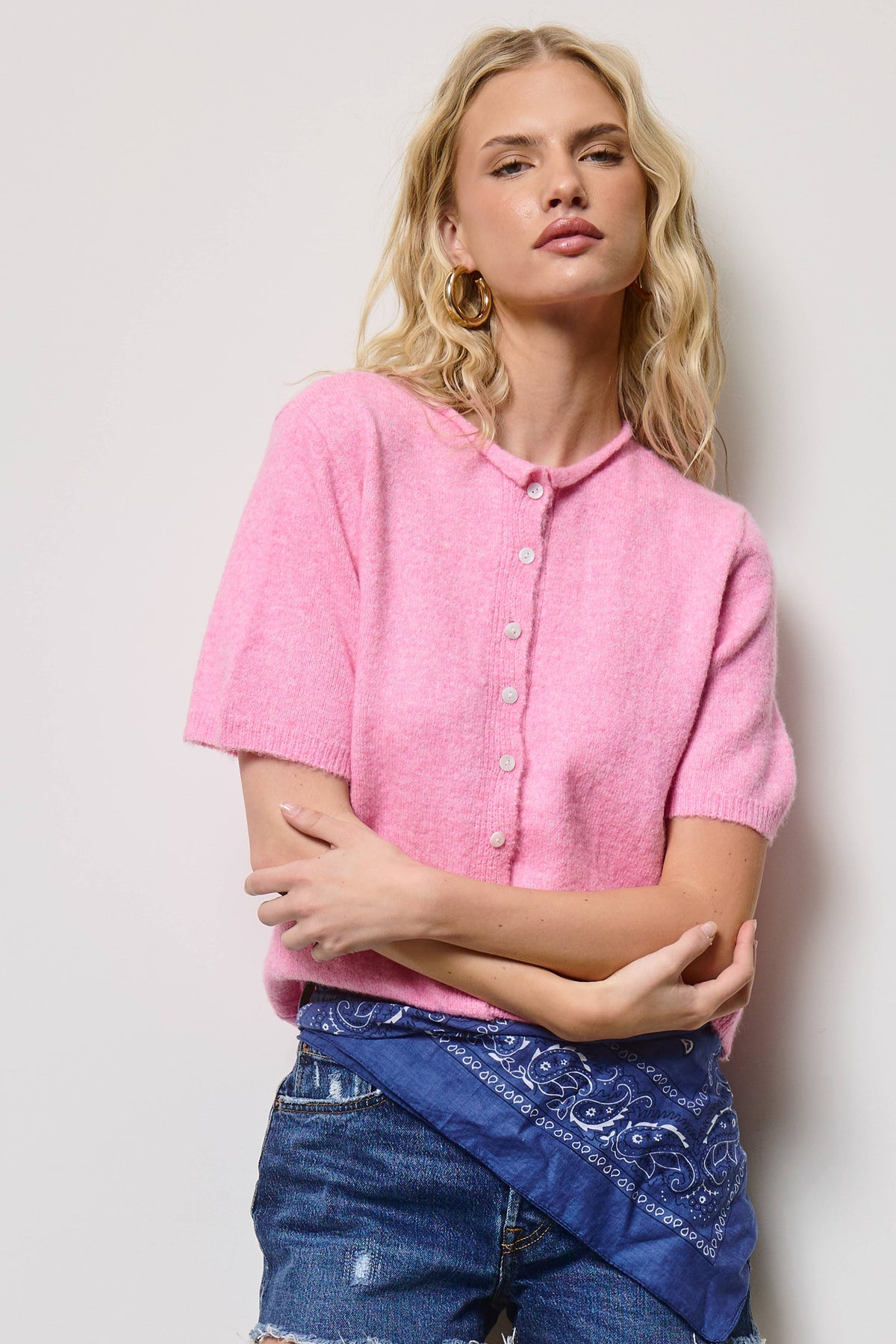 Short Sleeve Button Down Cardigan Top: Tangerine / S