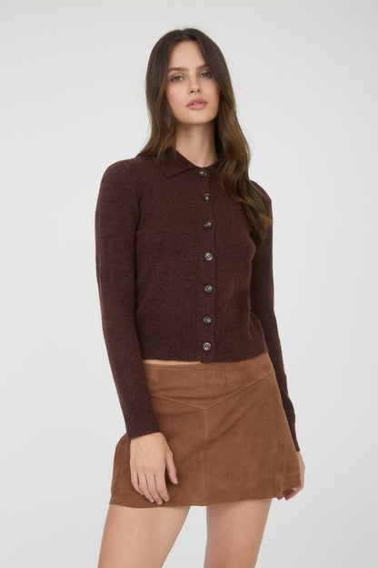 Lena Collared Button Down Long Sleeve Knit Cardigan: Chocolate