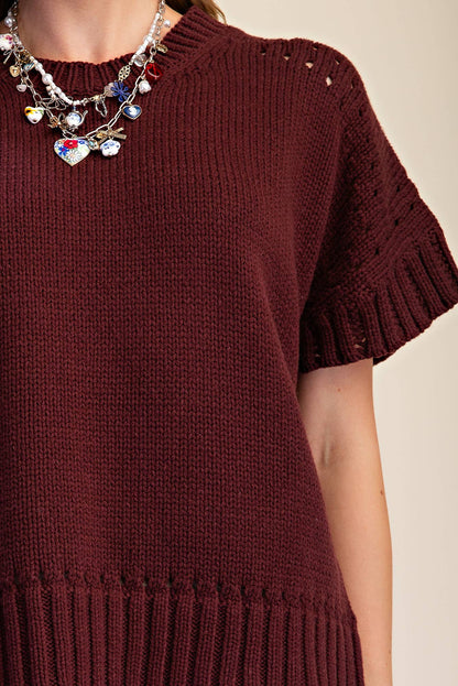 Della Short-Sleeve Eyelet Crew-Neck Sweater: Brown