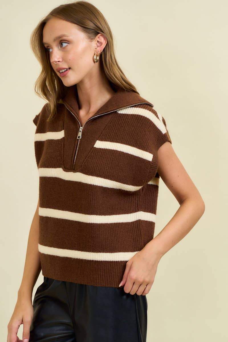 Lyric Striped Funnel Half Zip Sweater Vest: Chocolate