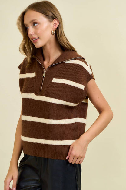 Lyric Striped Funnel Half Zip Sweater Vest: Chocolate
