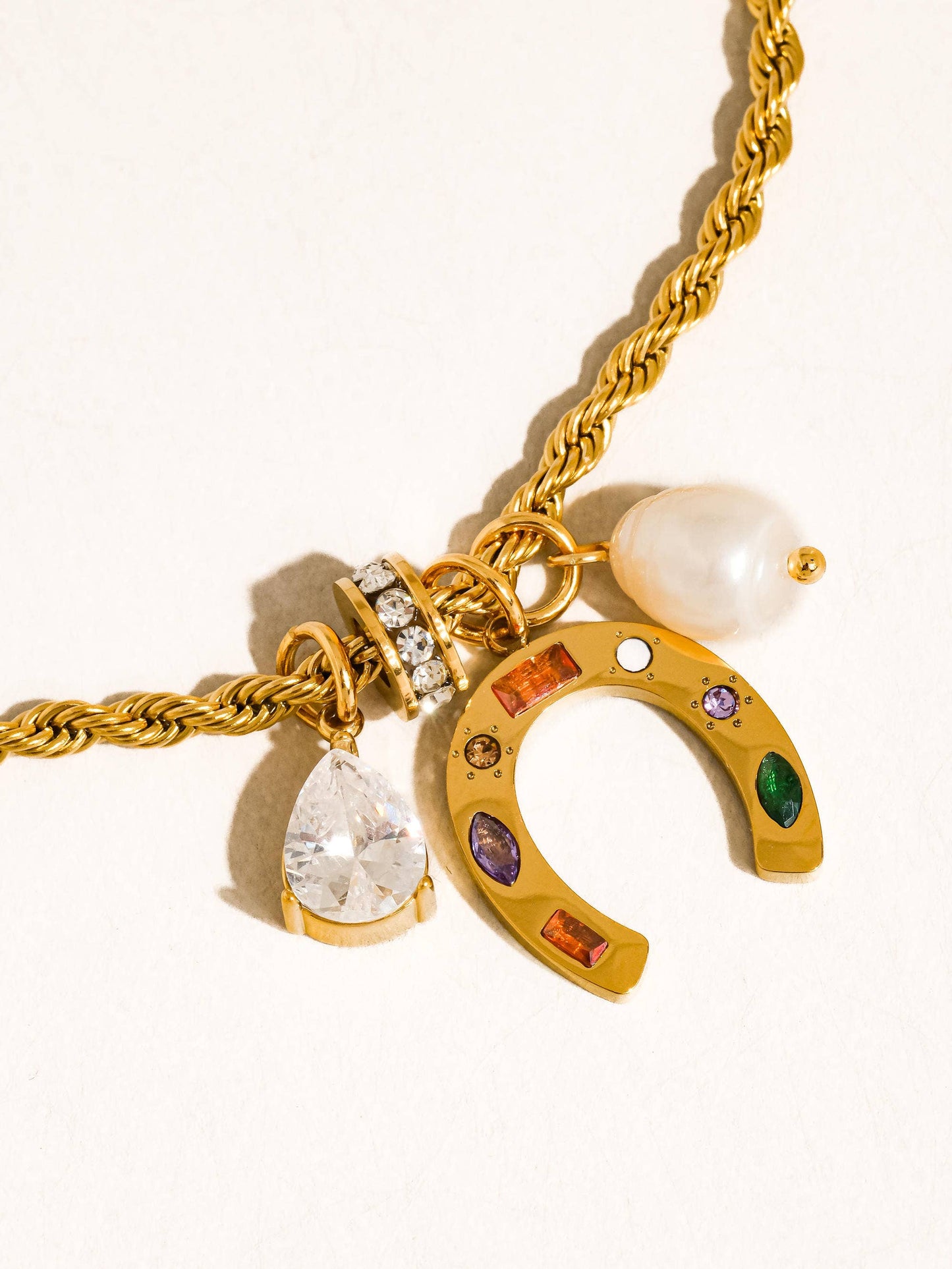 Western 18K Gold Non-Tarnish Horseshoe Charm Necklace: Multi-Colored