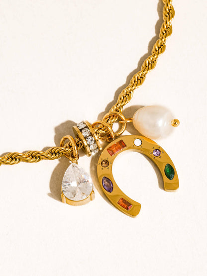 Western 18K Gold Non-Tarnish Horseshoe Charm Necklace: Multi-Colored