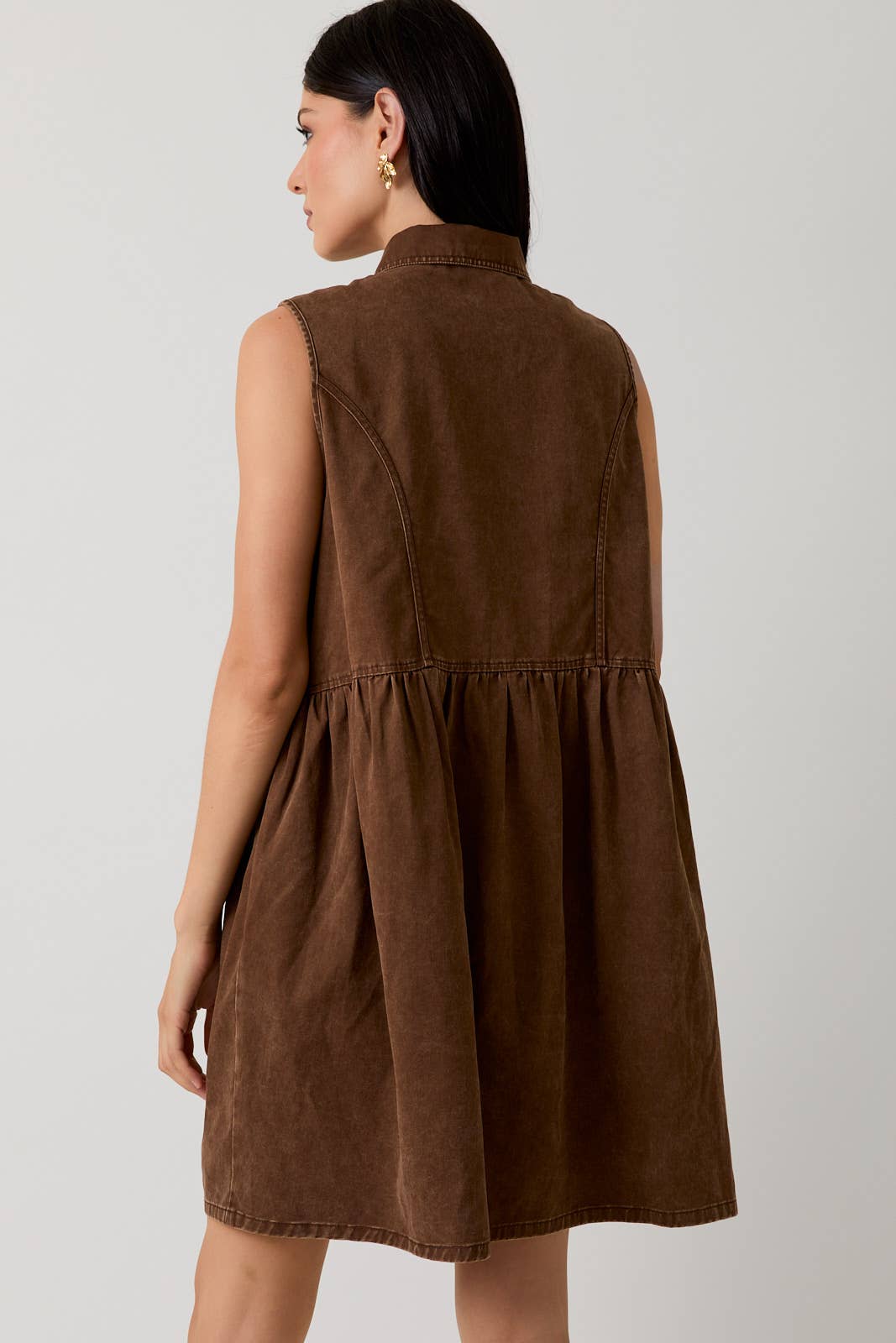 Hope Sleeveless Zip Up Twill Mini Dress: Brown