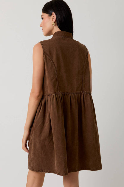 Hope Sleeveless Zip Up Twill Mini Dress: Brown