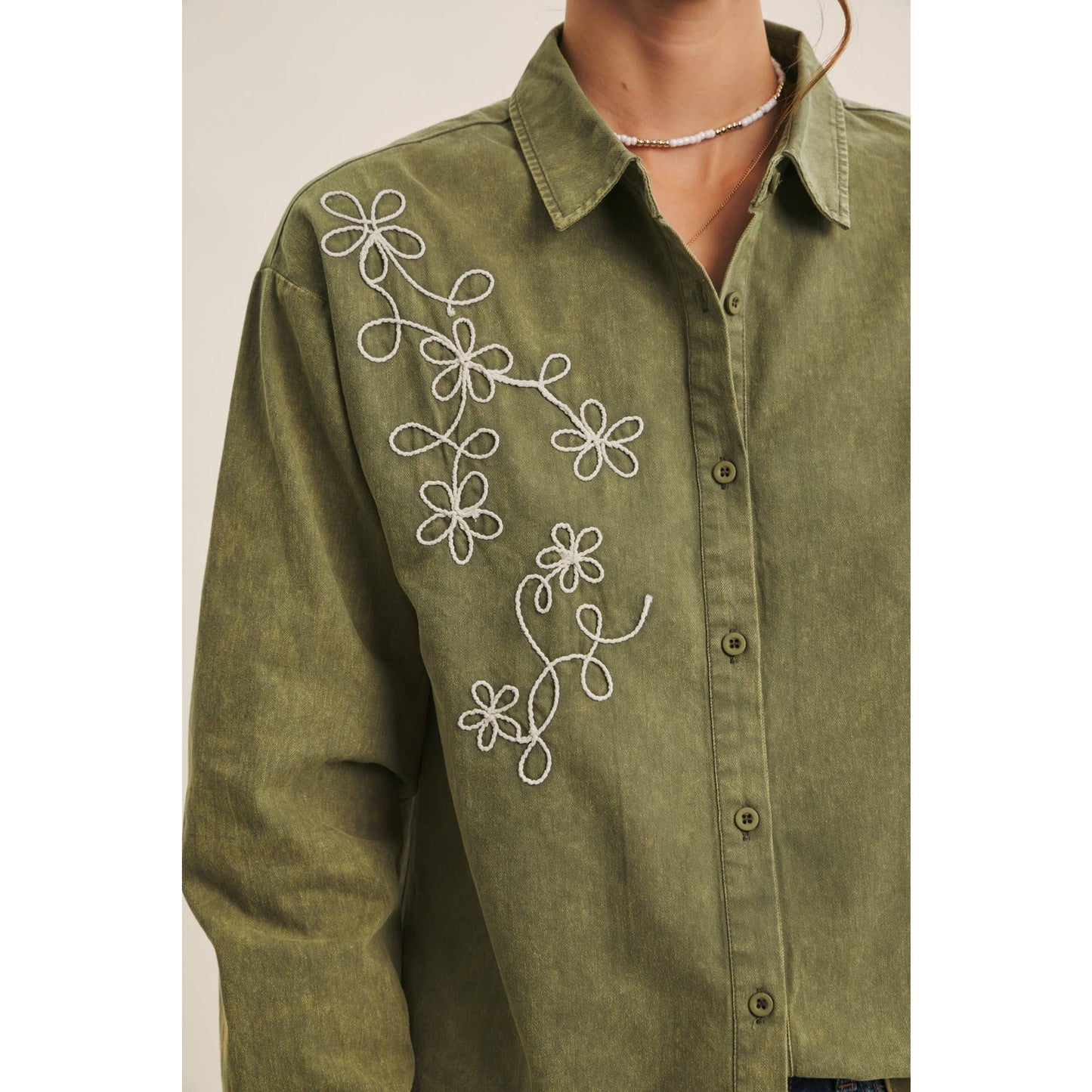 Rusting Elegance Mineral-Washed Embroidered Cotton Top: Olive