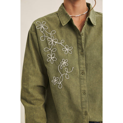 Rusting Elegance Mineral-Washed Embroidered Cotton Top: Olive