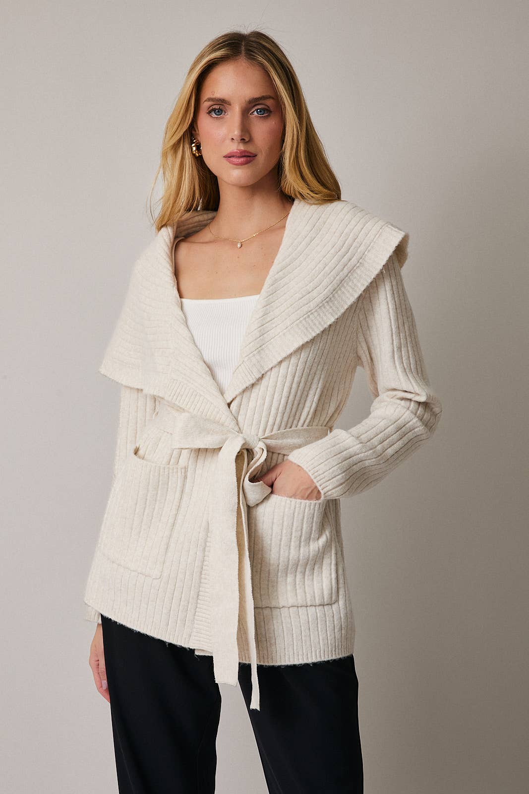 Nora Long Sleeve Wrap Sweater Cardigan: Cream