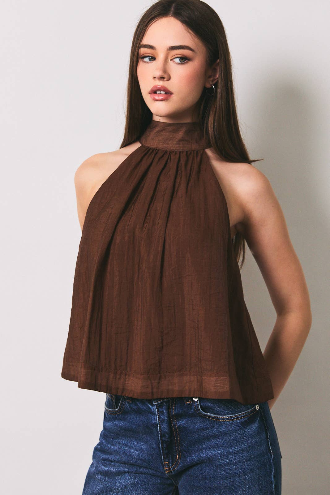 Rue Bow Detail Halter Neck Flare Top: Brown