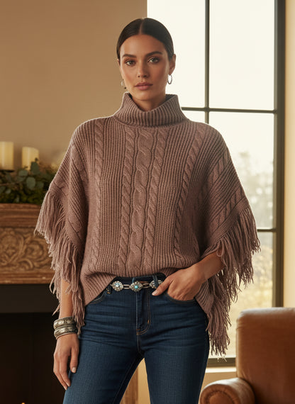 Cider | Turtleneck Poncho with Tassel Trim