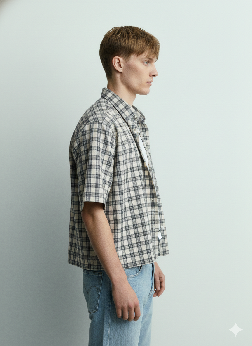 90s Checkered Boxy Fit Shirt (Beige)