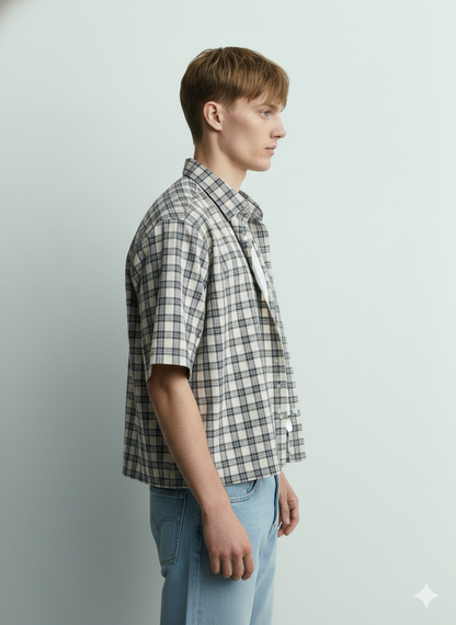 90s Checkered Boxy Fit Shirt (Beige)