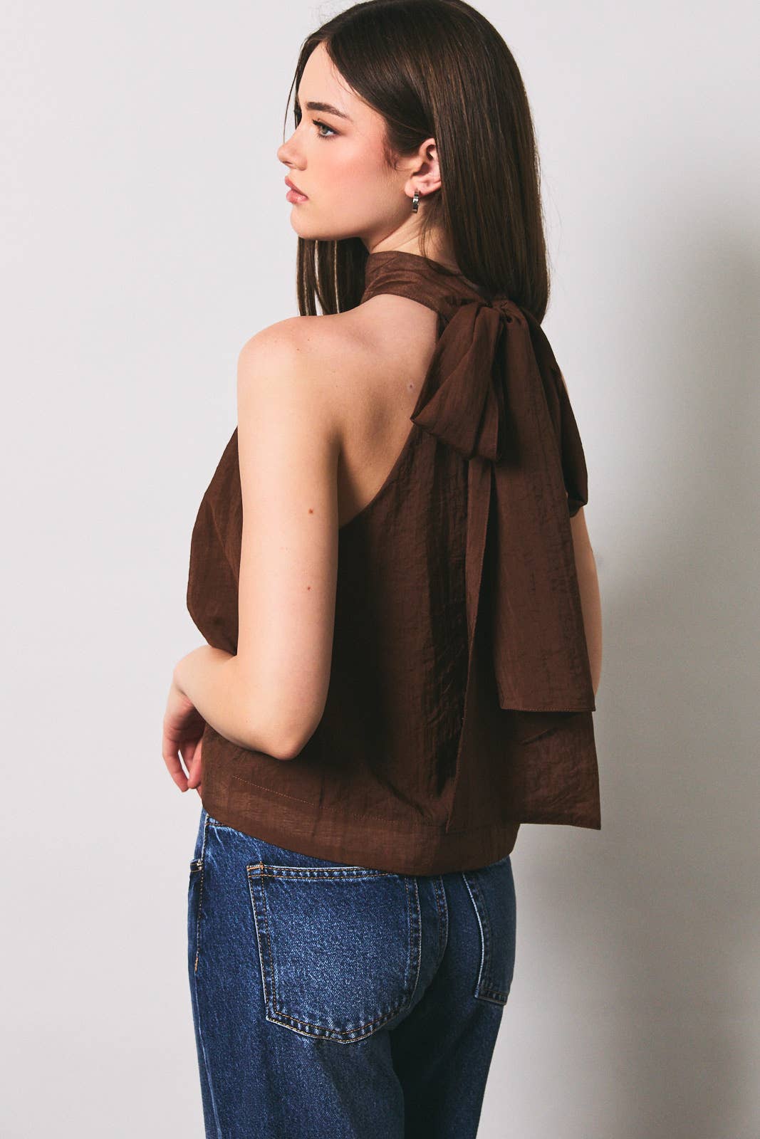 Rue Bow Detail Halter Neck Flare Top: Brown