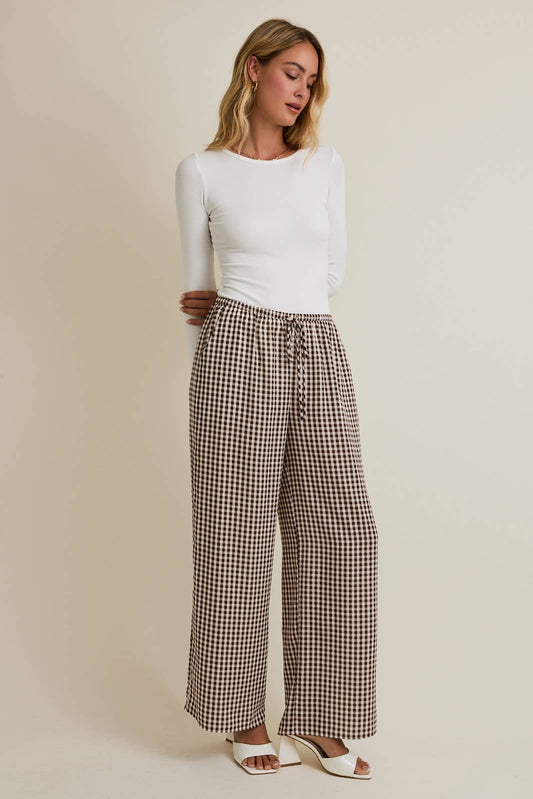 Ella Drawstring Wide Leg Check Pants: Brown-Cream Gingham