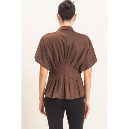 Suede Button-Down Blouse: CAMEL / S-M-L(2-2-2)