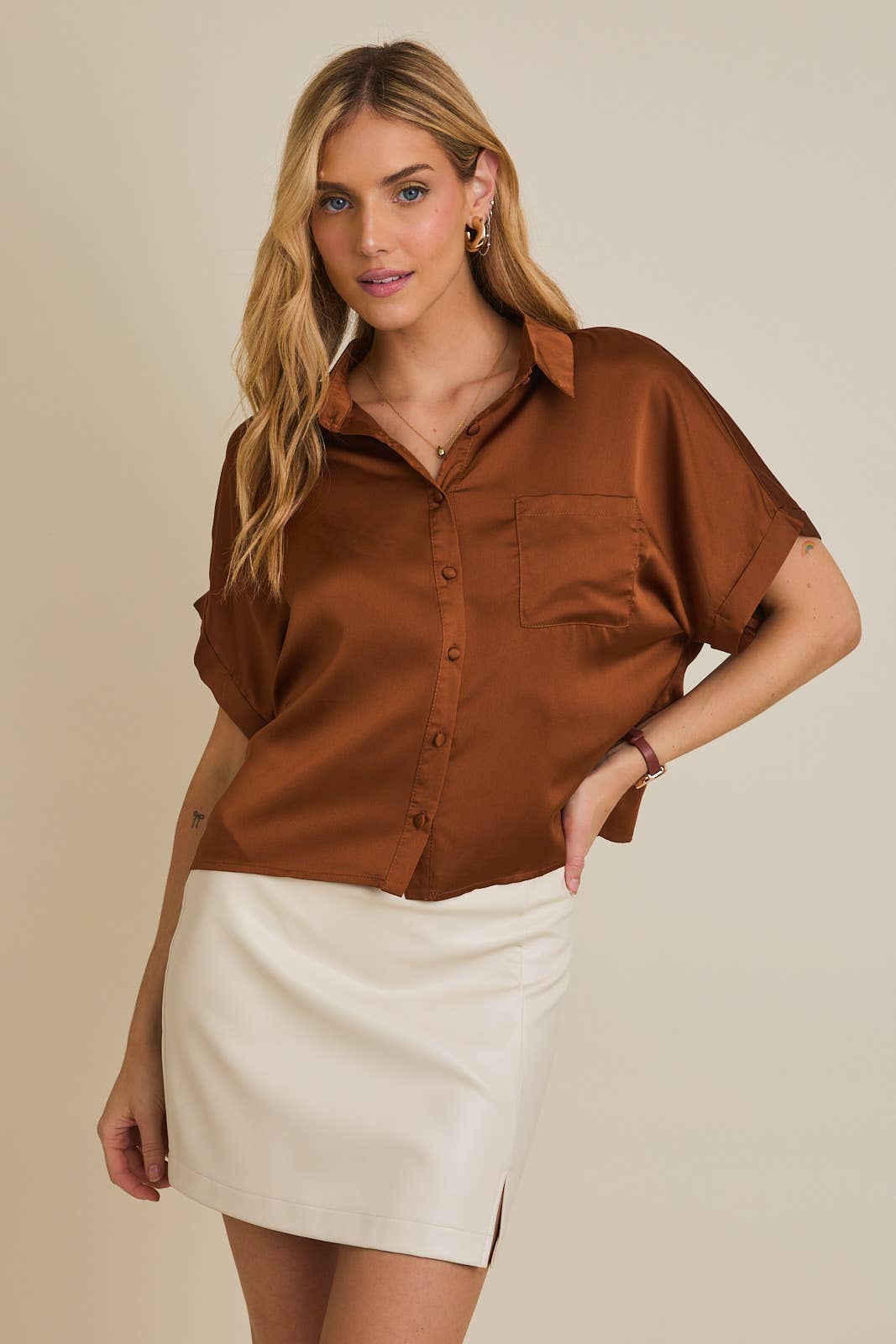 Tallulah Satin Boxy Button Down Blouse: Camel