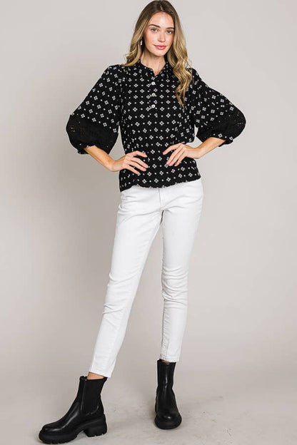 Esme Bracelet Sleeve with Eyelet lace trim blouse: Black