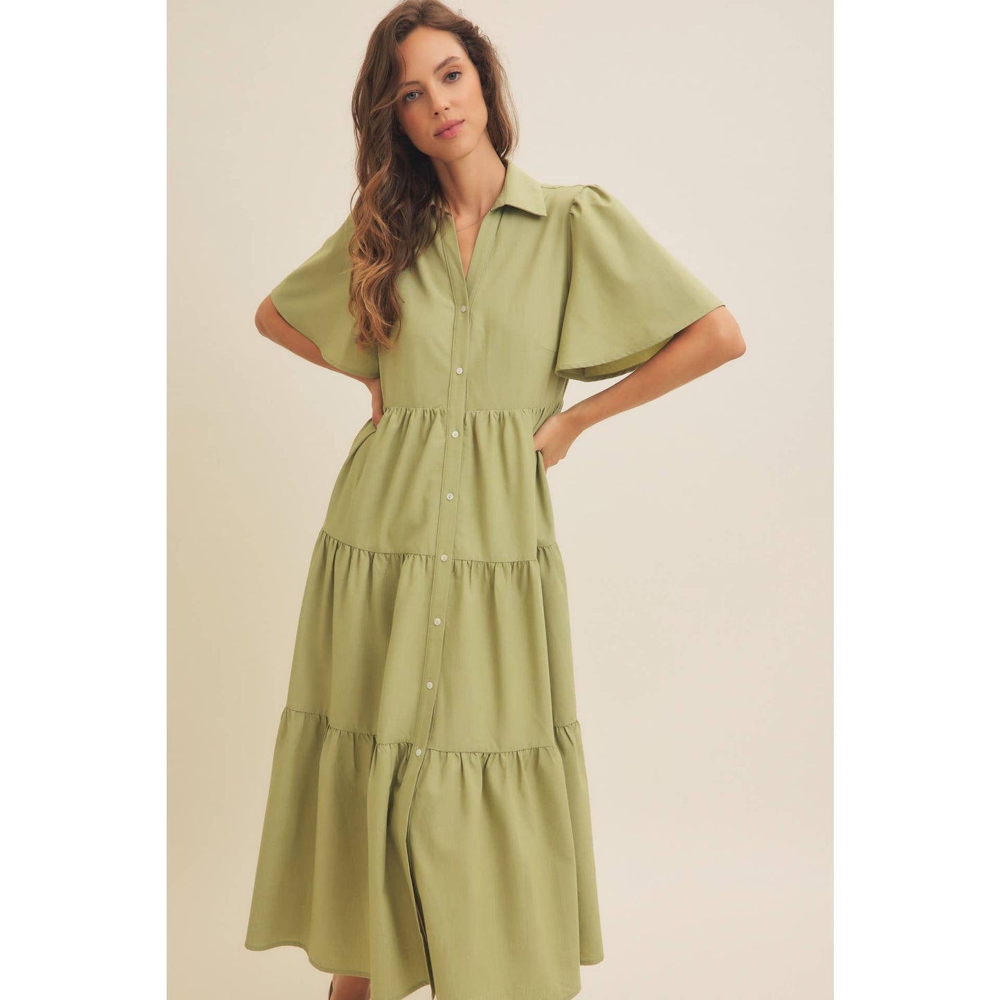 Savannah Flutter Sleeved Button-Down Shirt Midi Dress: Lt Olive