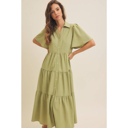 Savannah Flutter Sleeved Button-Down Shirt Midi Dress: Lt Olive