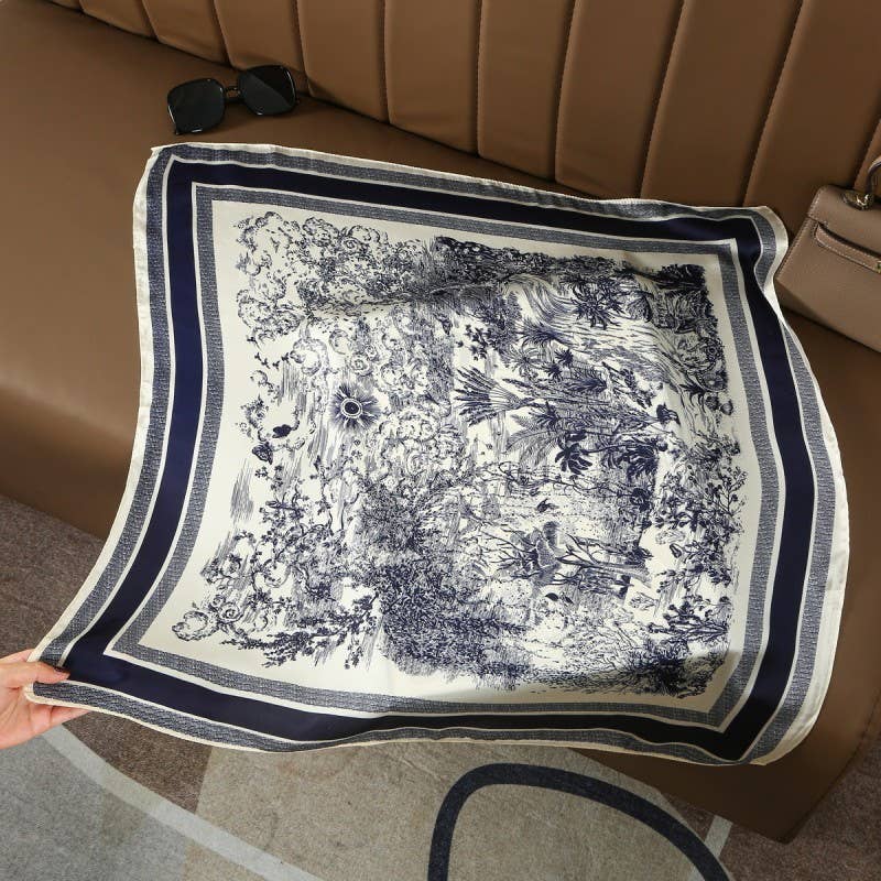 LARGE FLORAL TOILE PRINT BANDANA SCARF | 40SC653: NAVY