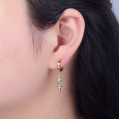 18K Gold Filled pendulum spike drop earrings, Gold Baguette spike dainty earrings, edgy style small spike earrings