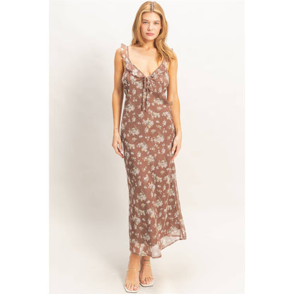 Sadie Floral Ruffle Strap Midi Dress: BROWN