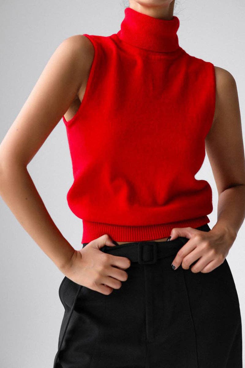 Sleeveless Turtleneck Tank Top: GREEN / S