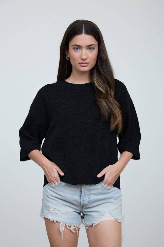 Sloane Heathered Crew Neck Boxy Pullover: Black