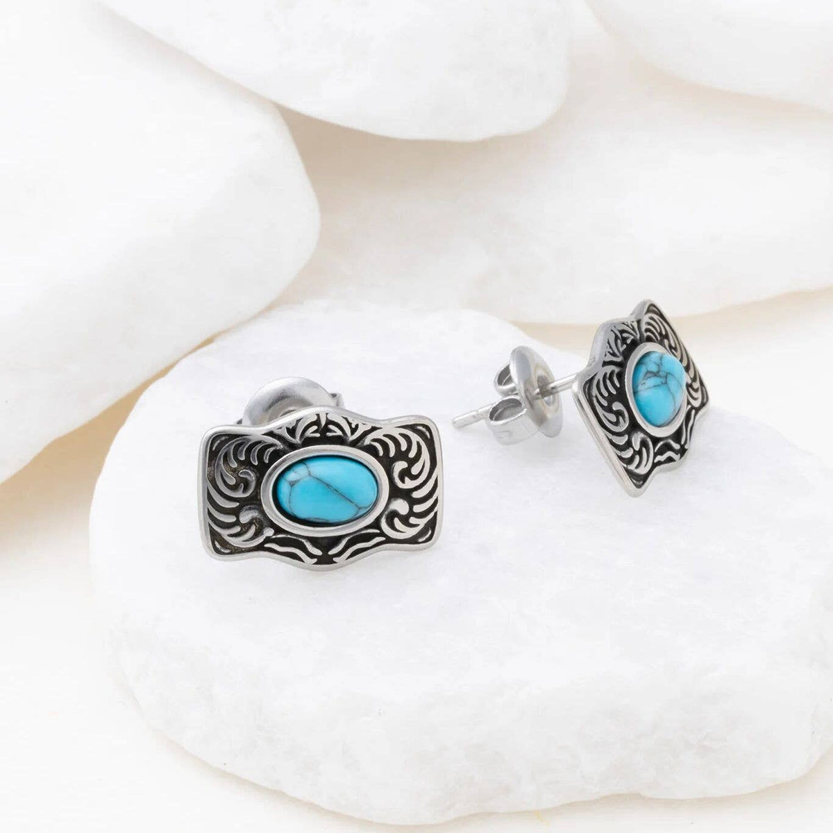 Solvane Turquoise Stone Buckle Non-Tarnish Stud Earrings: Stainless