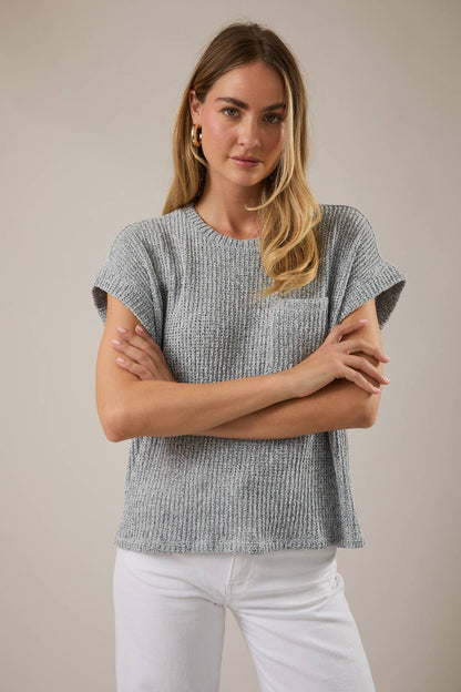 Carly Crew Neck Cuffed Short Sleeve Top with Pocket: Lt grey