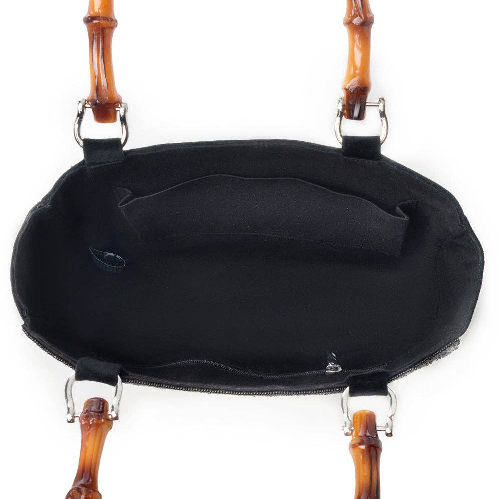 Eight Seconds Western hand beaded bag in black with bamboo handle and horse embroidery: Black
