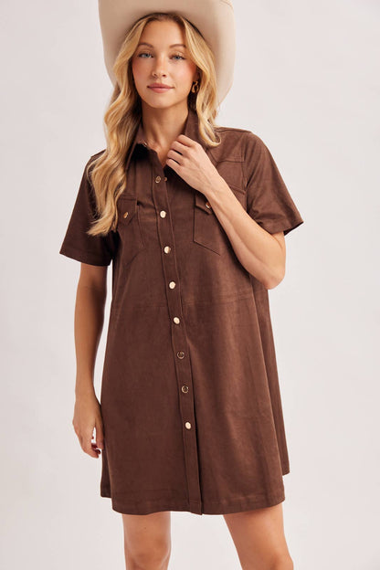 Cheyenne Collared Short Sleeve Faux Suede Mini Shirt Dress: Chocolate