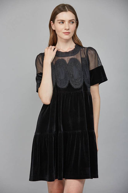 Solstice Contrast Sheer Mesh with Lace Detail Velvet: Black