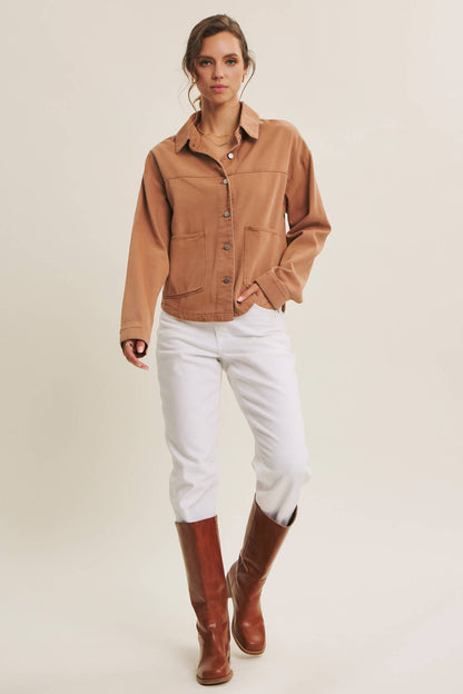 One of a Kind Washed Cotton Twill Utility Jacket: Camel