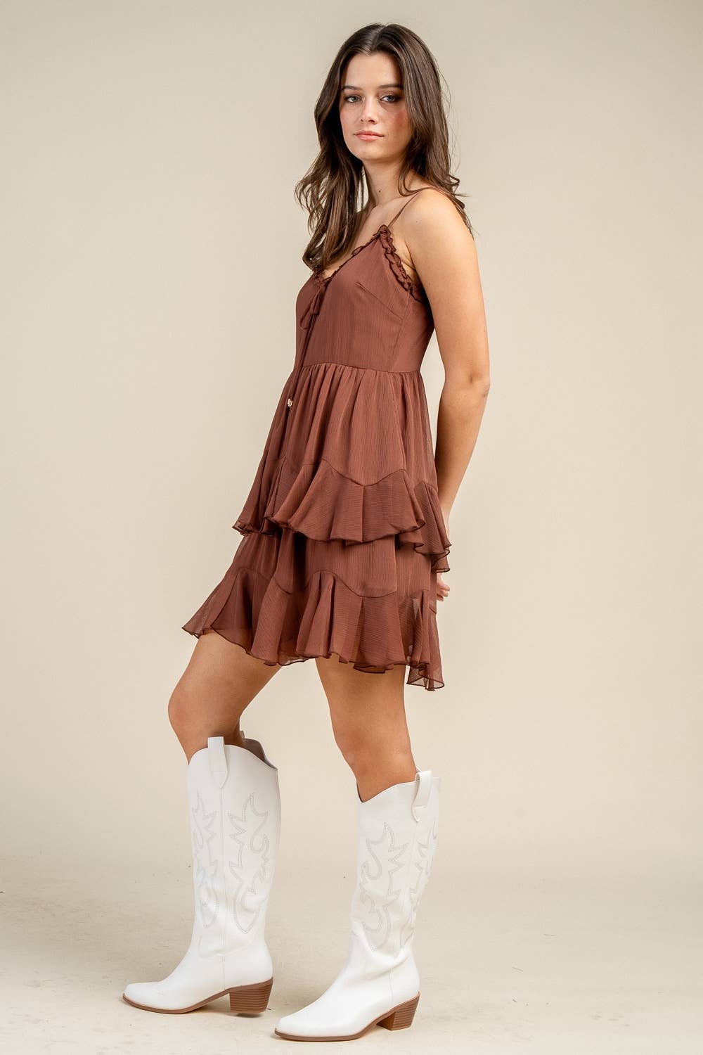 brown tiered dress MULTI TIERED S/L DRESS: BROWN