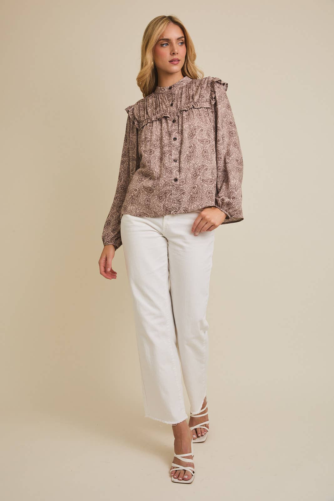 Miren Ruffle Detail Long Sleeve Button Up Shirt: Mocha-Brown Paisley