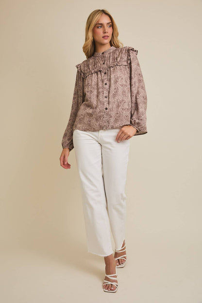 Miren Ruffle Detail Long Sleeve Button Up Shirt: Mocha-Brown Paisley