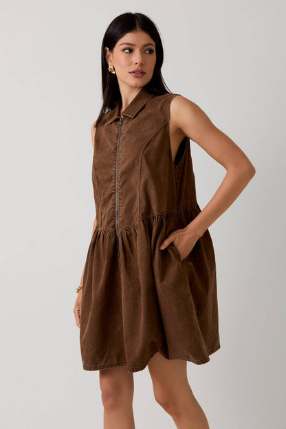 Hope Sleeveless Zip Up Twill Mini Dress: Brown
