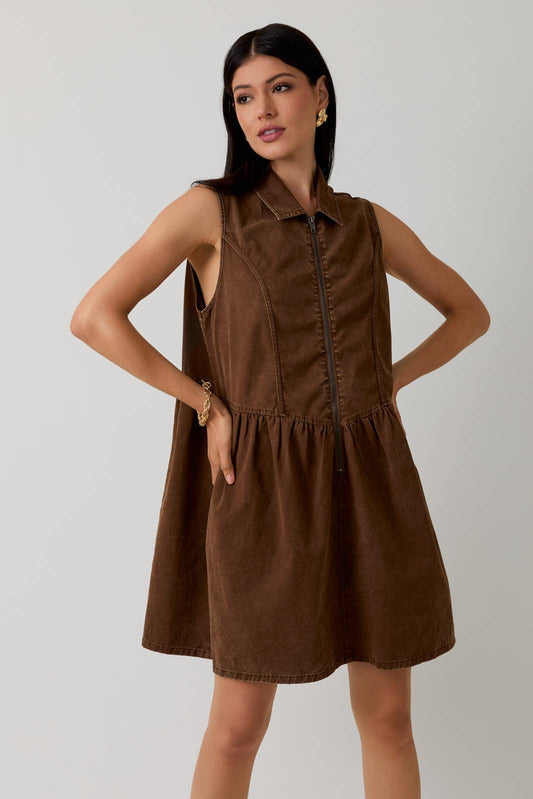Hope Sleeveless Zip Up Twill Mini Dress: Brown