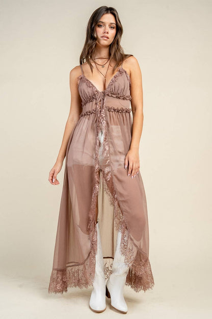 Mesa Maxi Duster Top with Lace: Mushroom