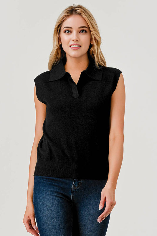 Elara Polo Collar Sweater Top: Black 