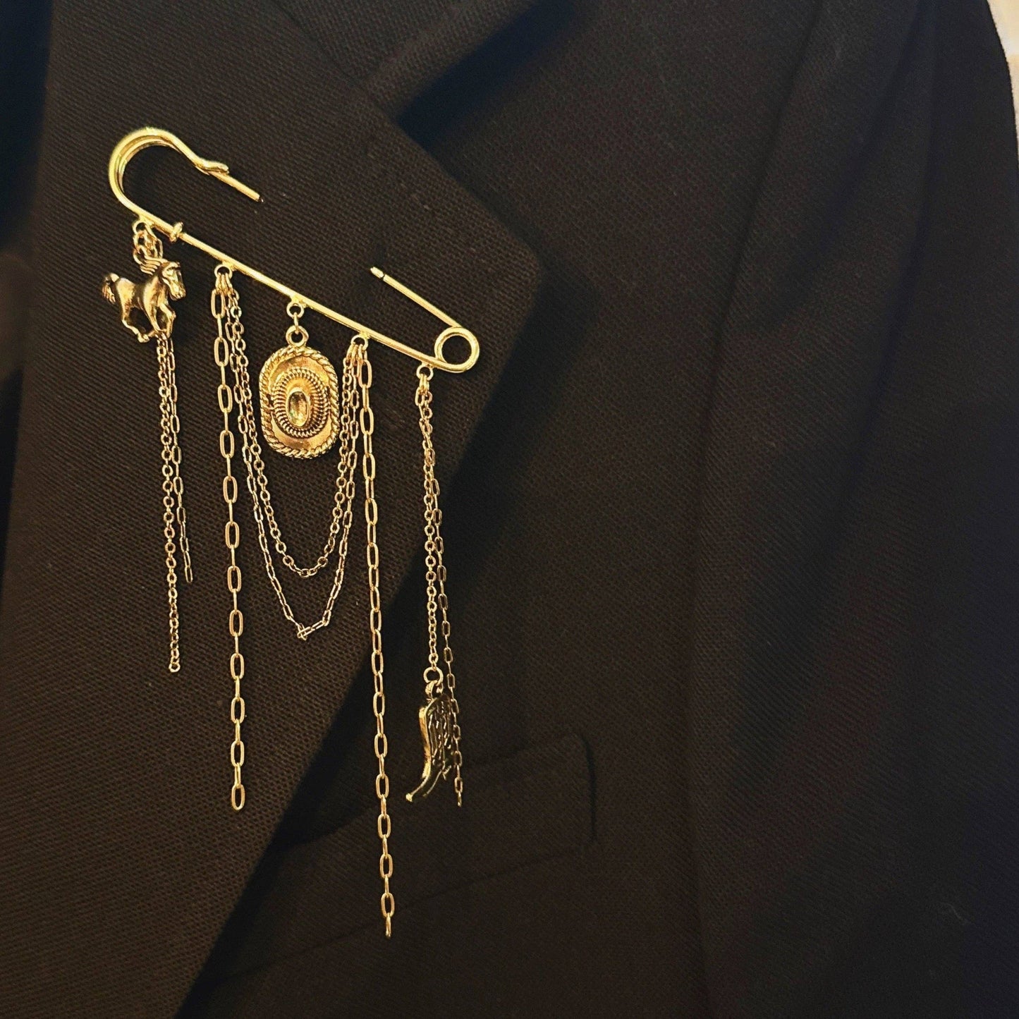 Western Charm Pin Brooch – Gold Safety Pin Style with Cowboy-Inspired Charms