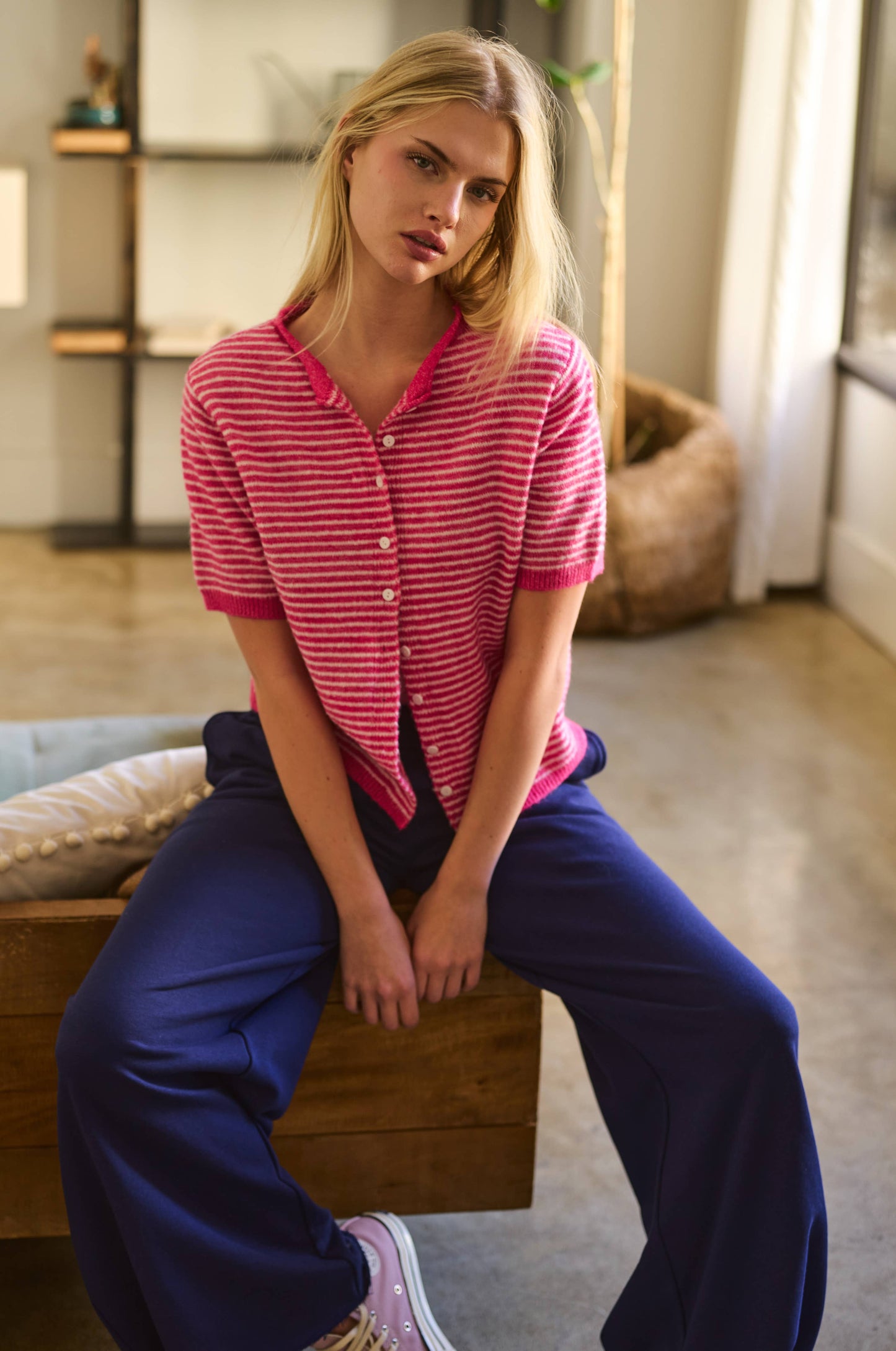 Mae Striped Short Sleeve Button Cardigan: Hot Pink
