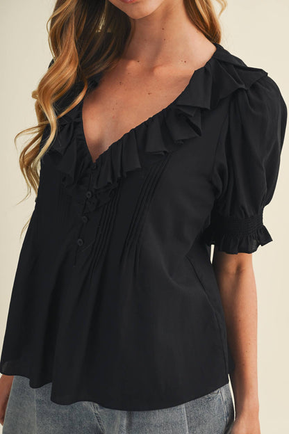 V-Neck Ruffle Pintuck Poplin Blouse: Black