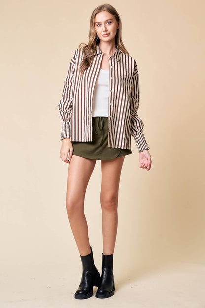 Wrenly Stripe Mixed Over-Sized Button Down Top: Brown