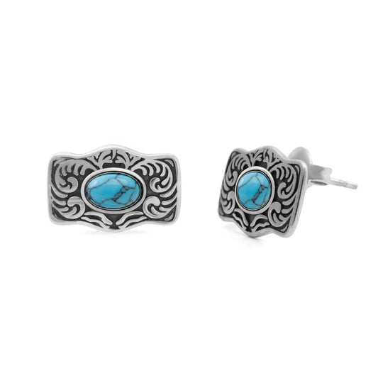 Solvane Turquoise Stone Buckle Non-Tarnish Stud Earrings: Stainless