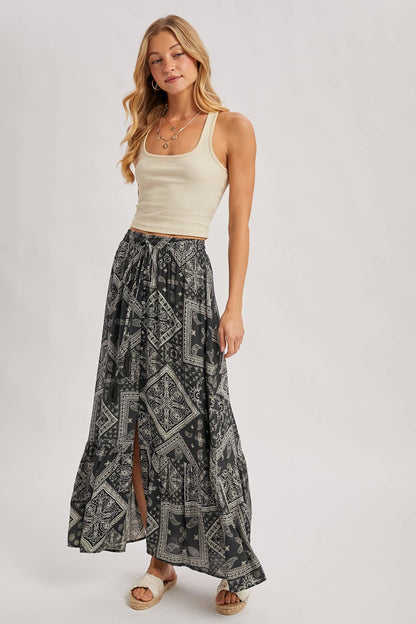 BOHO PRINT TIERED BUTTON DOWN FRONT MAXI SKIRT: ASH