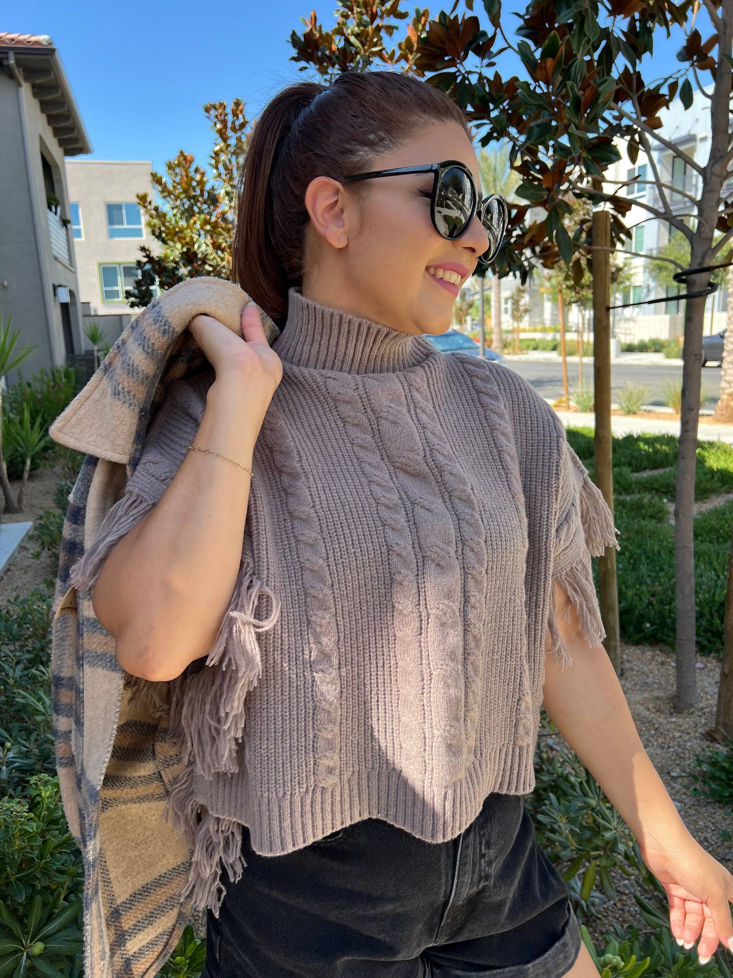 Cider | Turtleneck Poncho with Tassel Trim