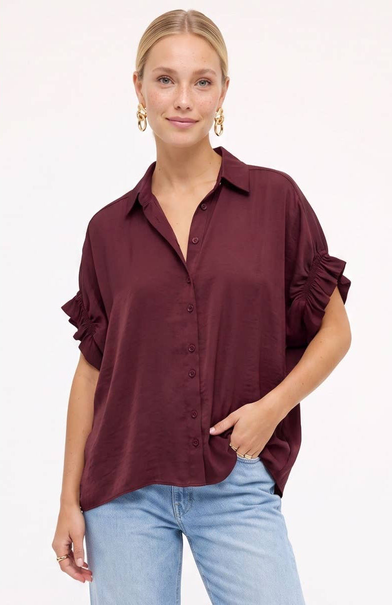 Sloane Ruffle-Sleeve Satin Button-Up Blouse: Wine